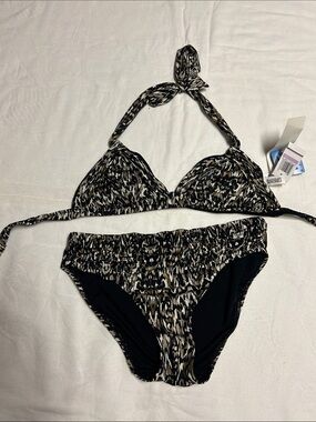 Badgley Mischka Black and Cream Printed Halter Bikini